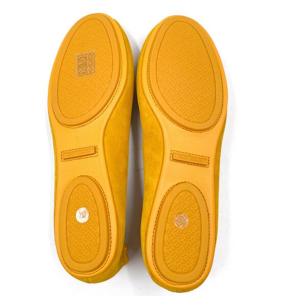 Tory Burch Minnie Travel Ballet Flats Gold Crest Suede Leather Logo Yellow Sz 7 - Picture 9 of 10